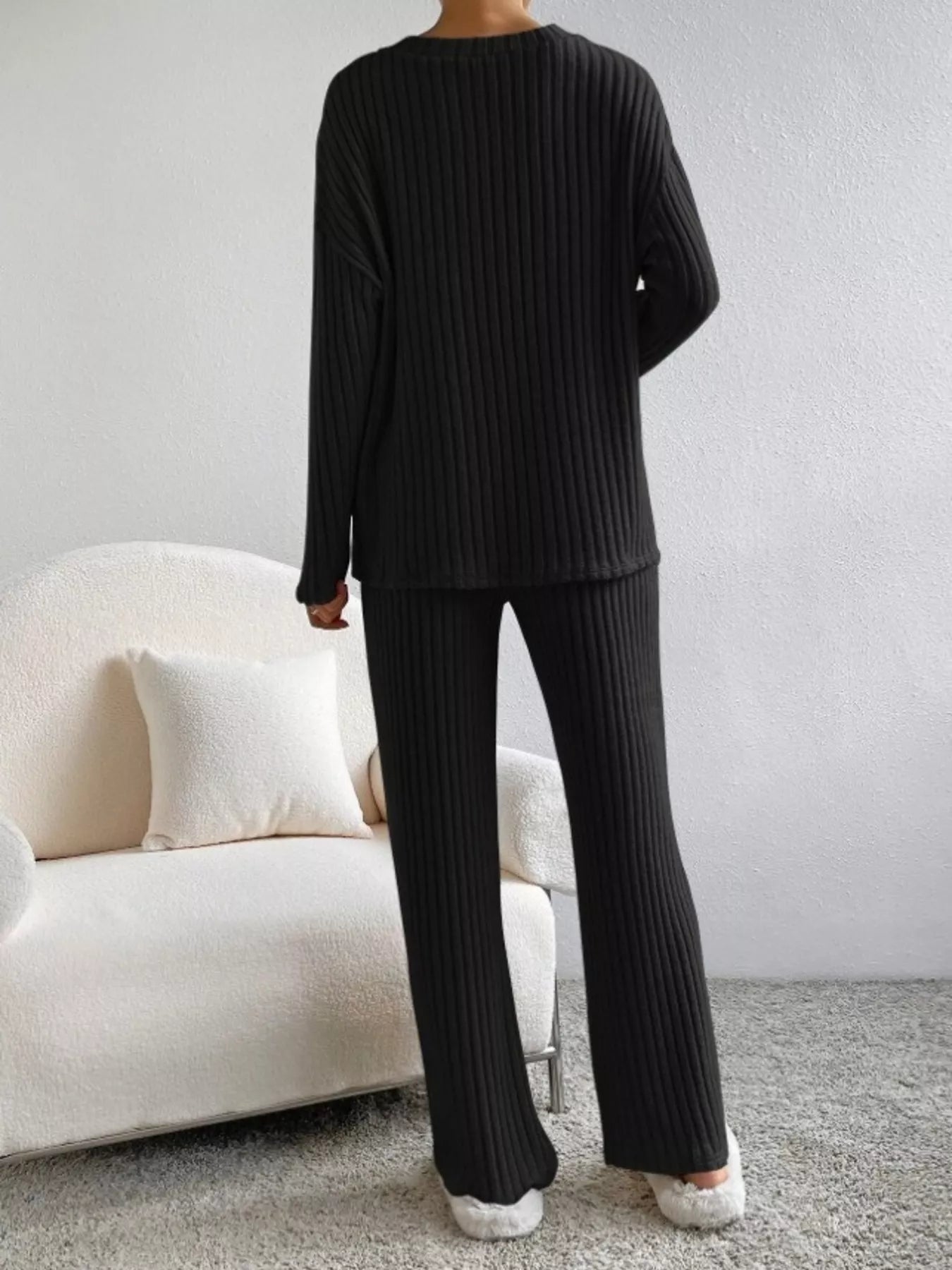 Ribbed Knit V-Neck Top and Pants Set nicholesgifts