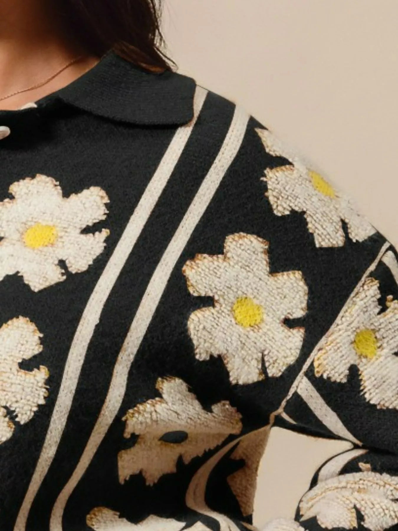 SO ME Floral Stripe Polo Collar Sweater Trendsi
