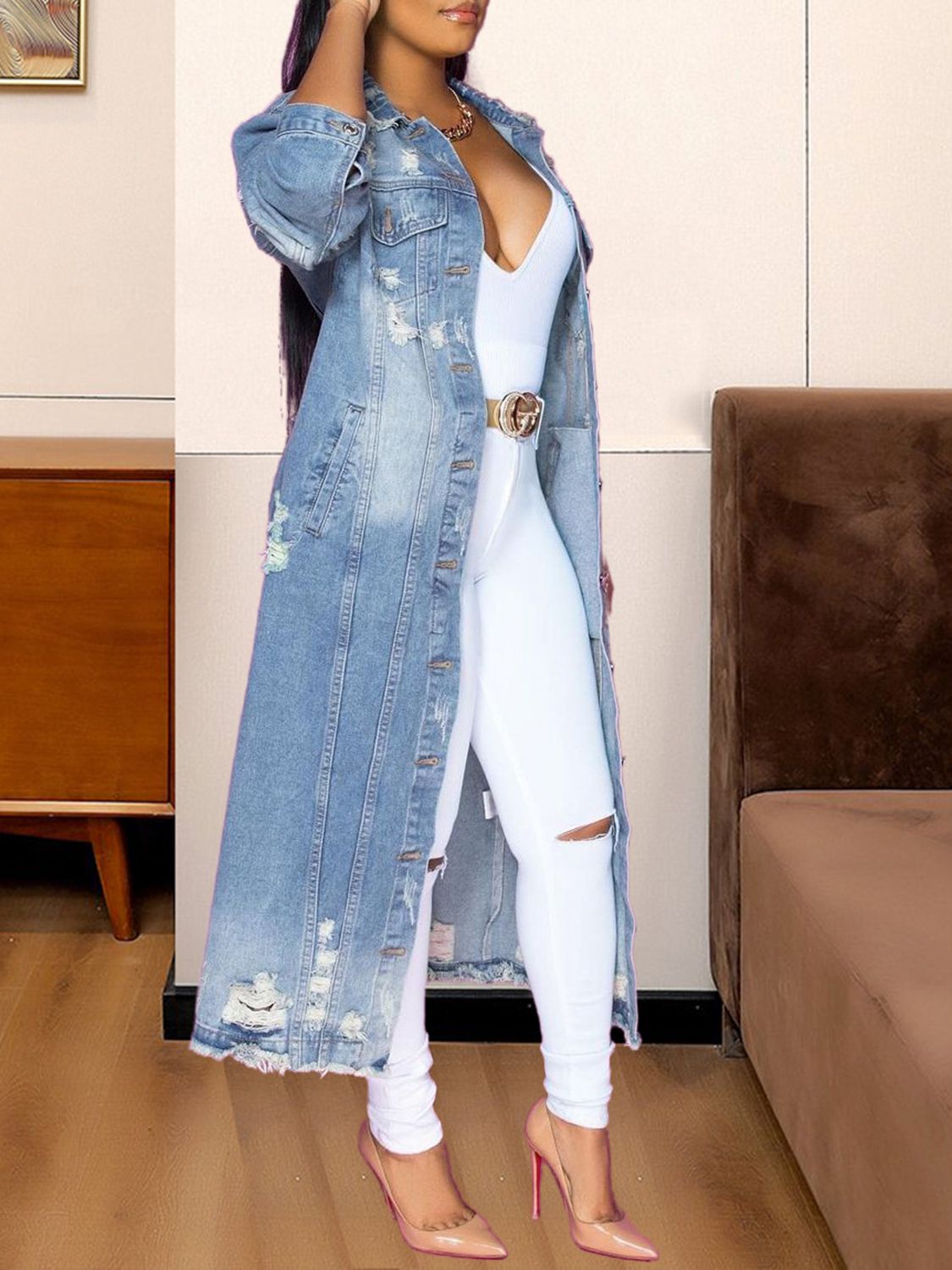 Long Sleeve Raw Hem Denim Jacket nicholesgifts