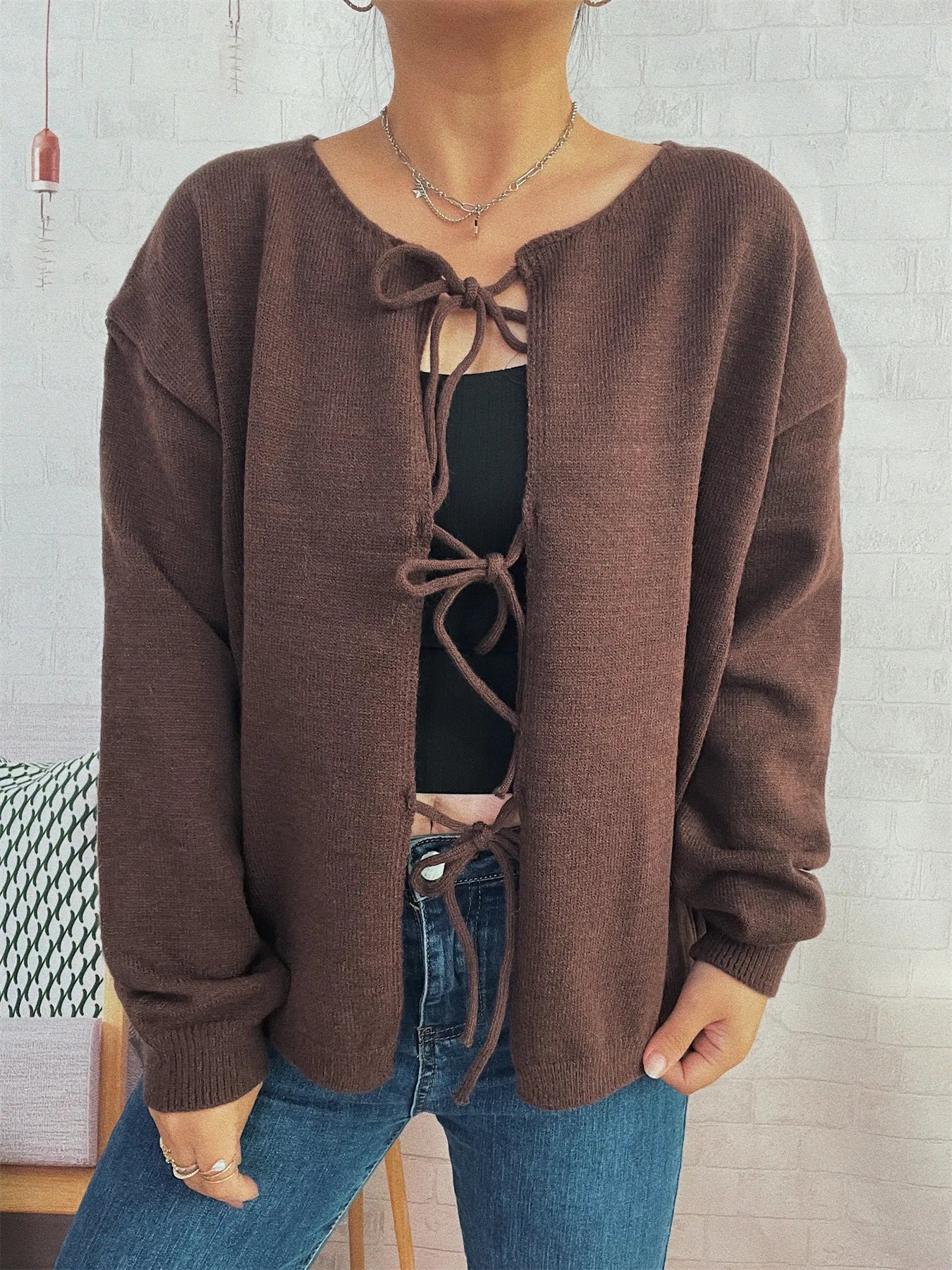 Tie Front Drop Shoulder Cardigan Trendsi