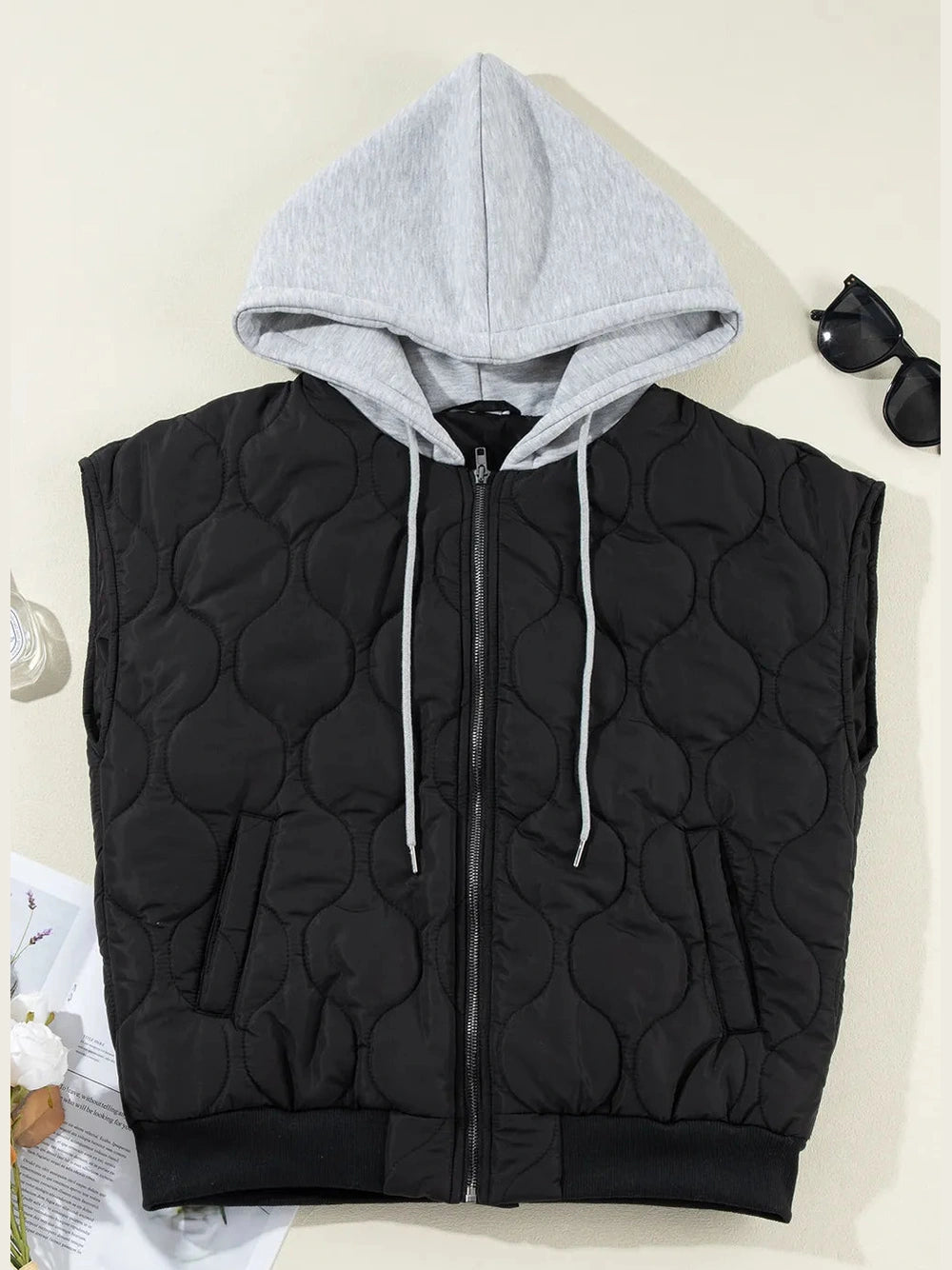 Drawstring Zip Up Hooded Vest Coat nicholesgifts