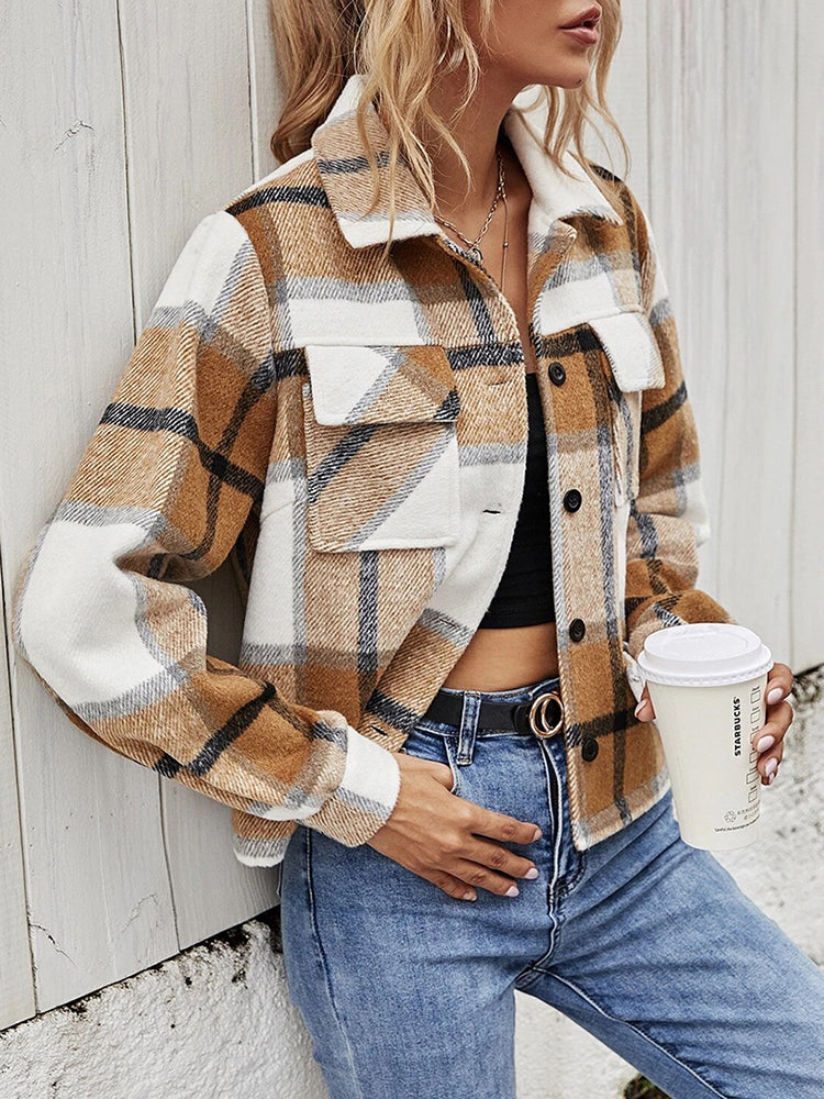 Plaid Collared Neck Jacket with Breast Pockets nicholesgifts