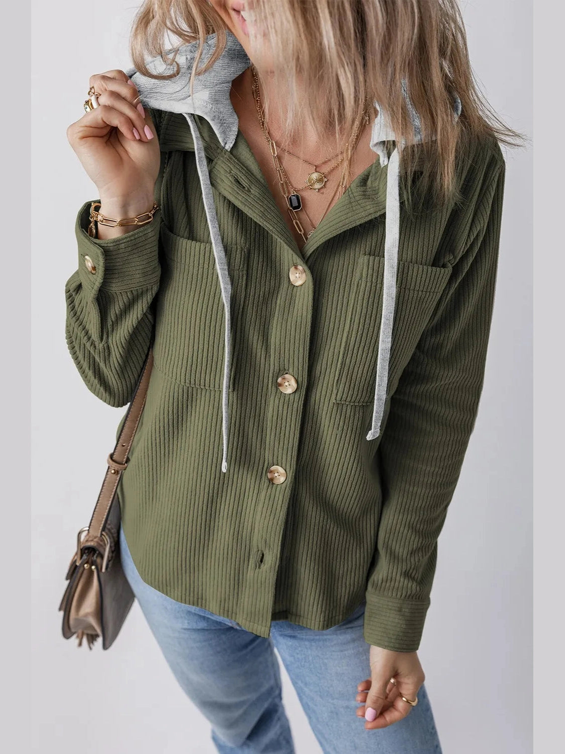 Drawstring Button Up Long Sleeve Hooded Jacket nicholesgifts