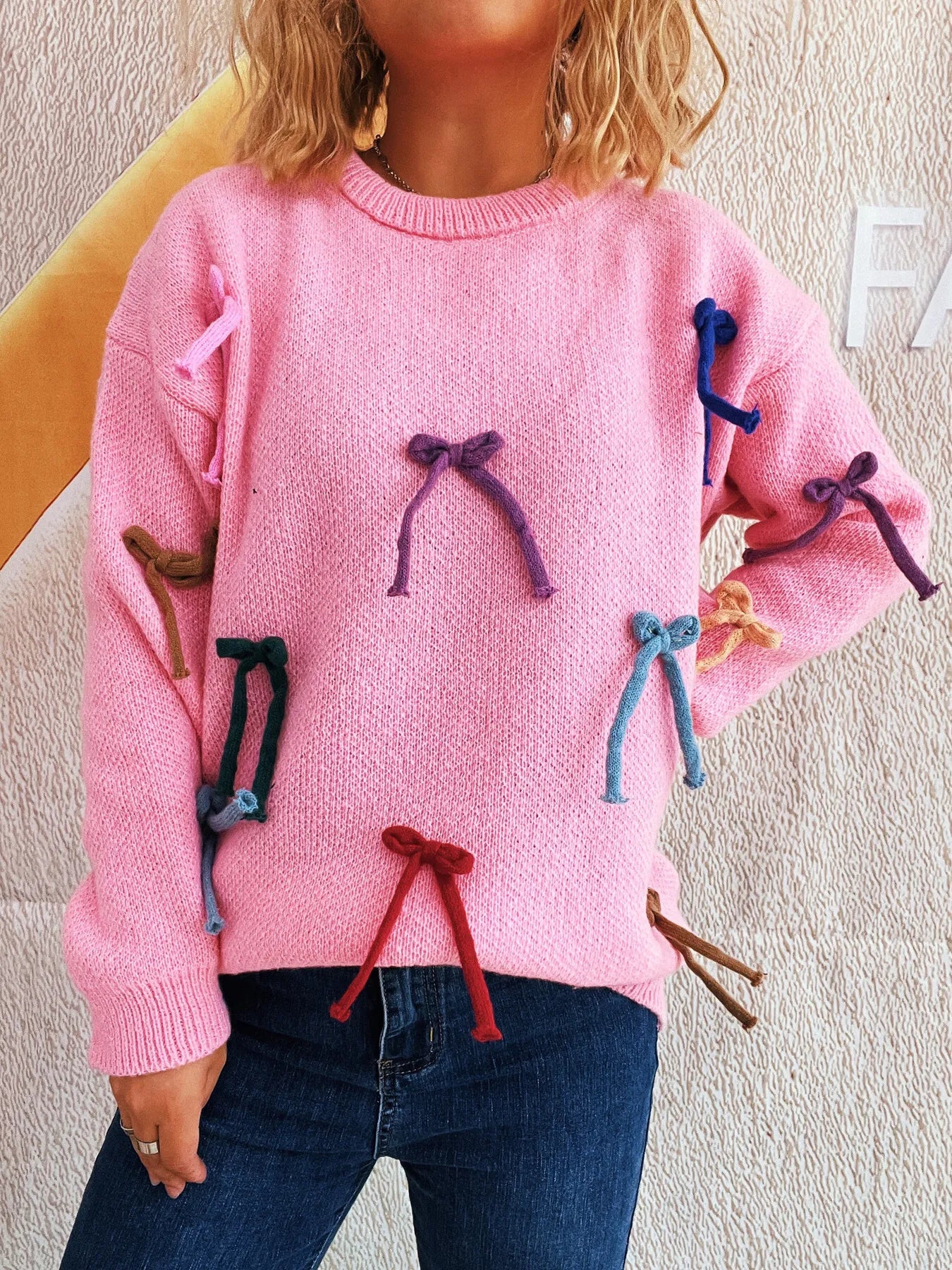 Colorful Bow Round Neck Sweater
