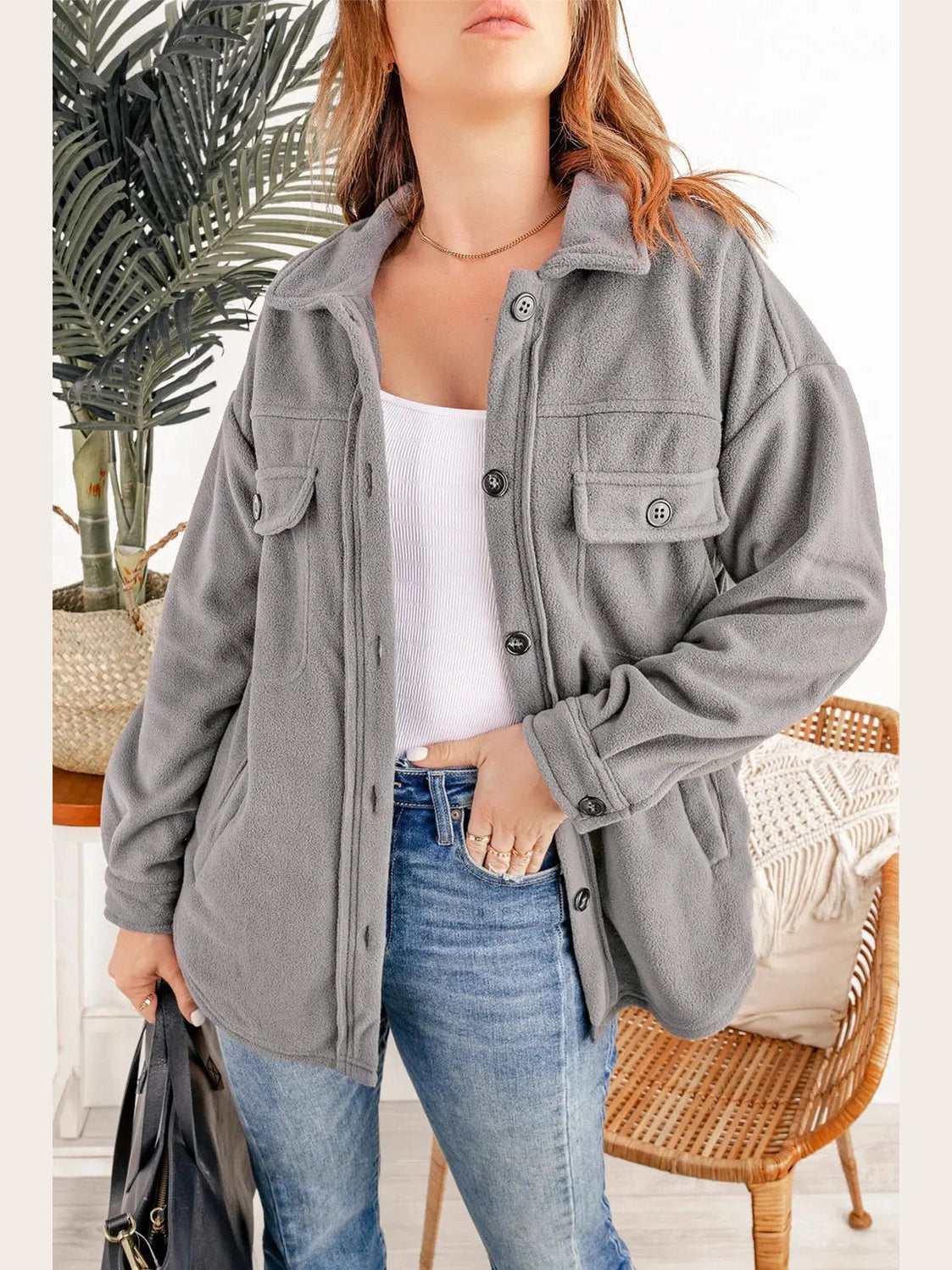 Button Up Collared Neck Long Sleeve Jacket nicholesgifts