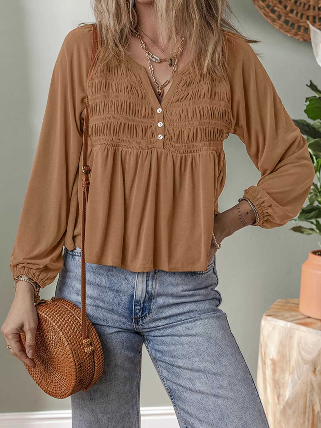 Smocked Buttoned Split V Neck Flow Fit Blouse Trendsi