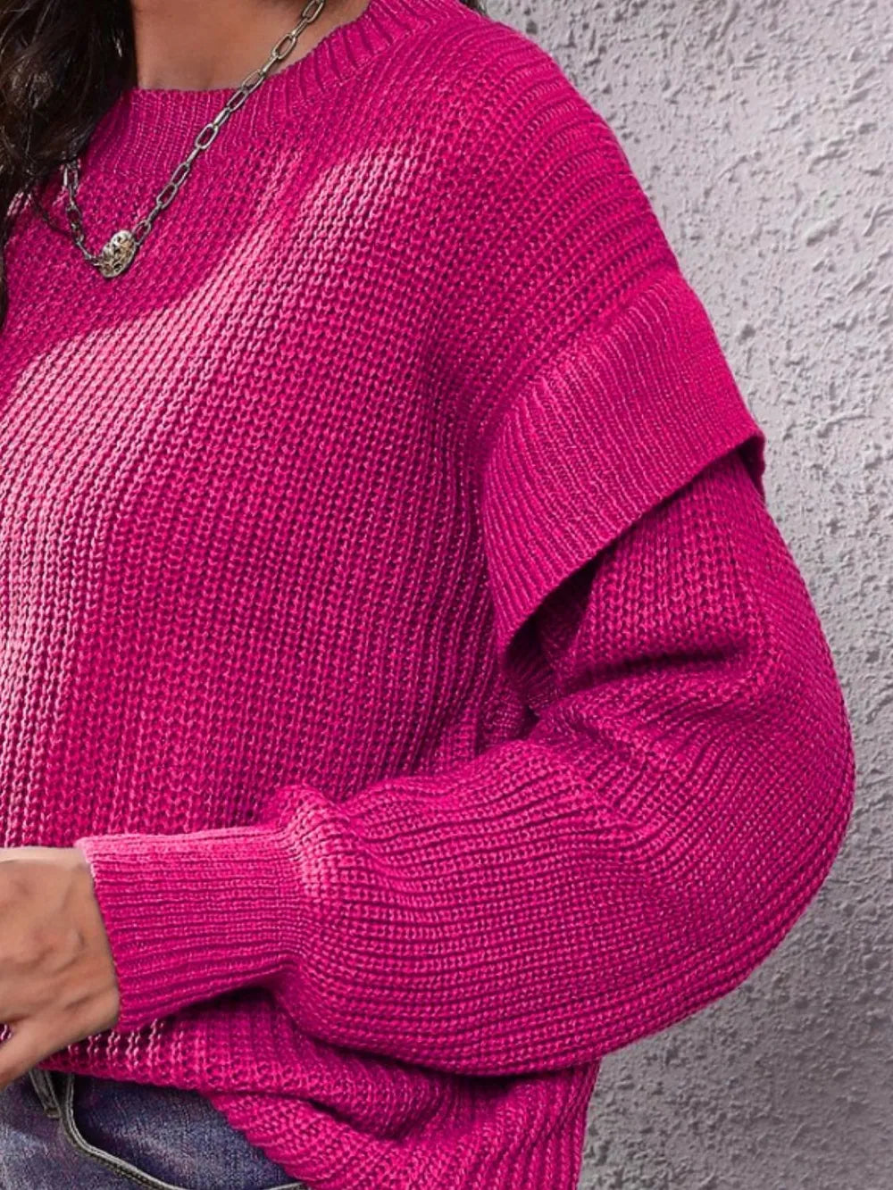 Ruffled Round Neck Dropped Shoulder Sweater Trendsi