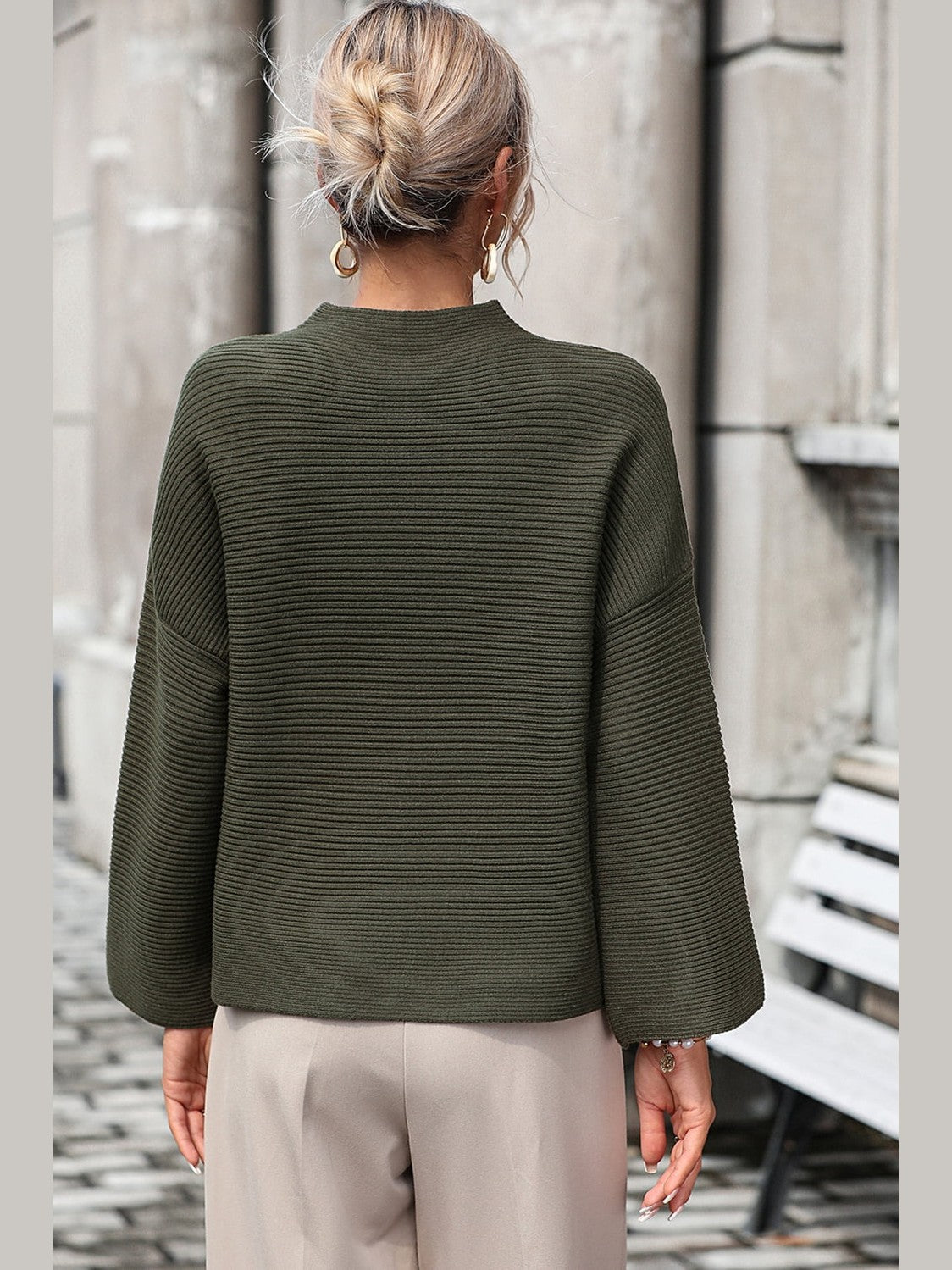 Women Mock Neck Dropped Shoulder Pullover Sweater NicholesGifts