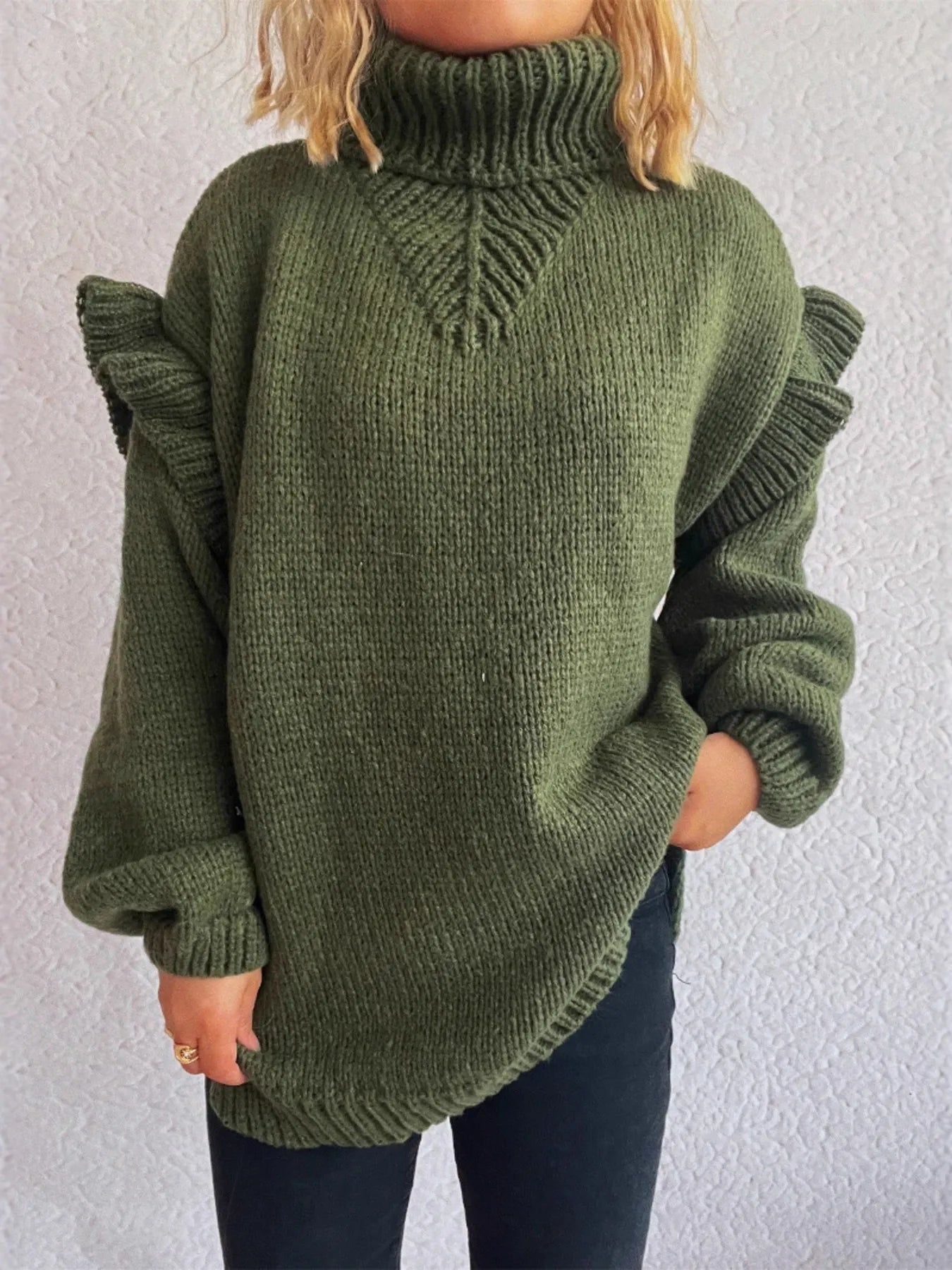 Women Ruffled Turtleneck Long Sleeve Sweater
