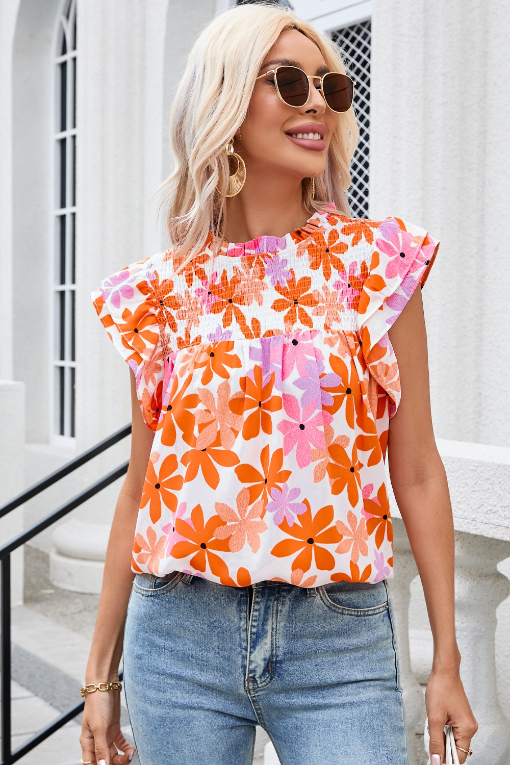 Printed Round Neck Cap Sleeve Blouse nicholesgifts