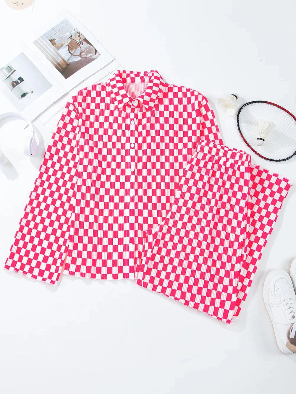 Checkered Button Up Top and Pants Lounge Set nicholesgifts