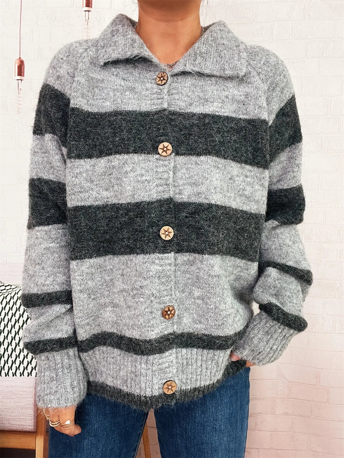 Striped Button-Up Cozy Cardigan