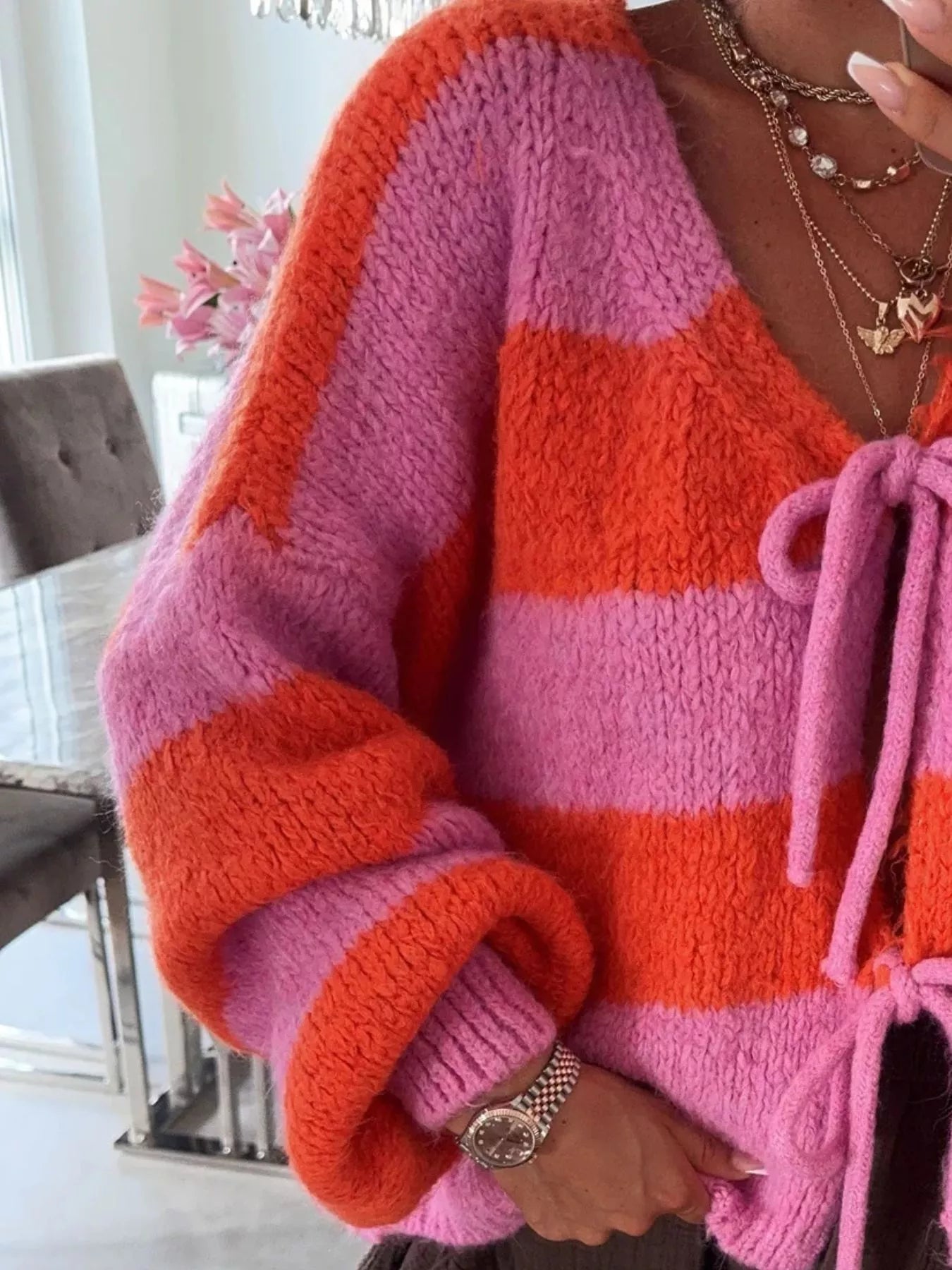 Striped Tie-Front Knit Cardigan Trendsi