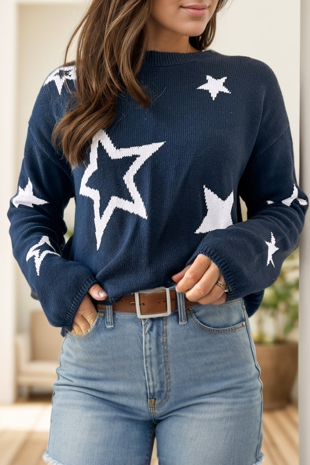 Star Round Neck Long Sleeve Sweater NicholesGifts