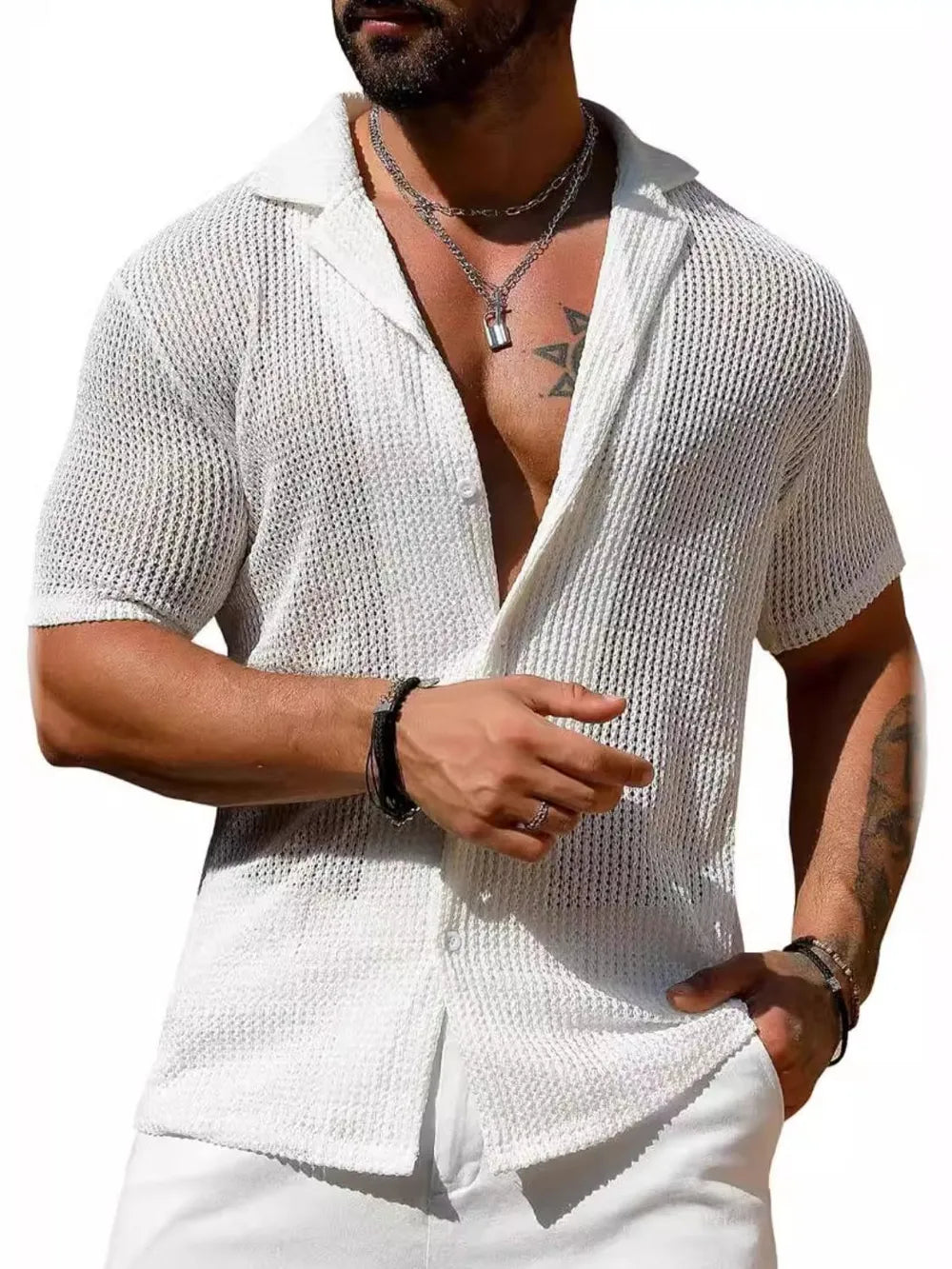 Men's Full Size Openwork Button Down Short Sleeve Shirt Plus Size NicholesGifts