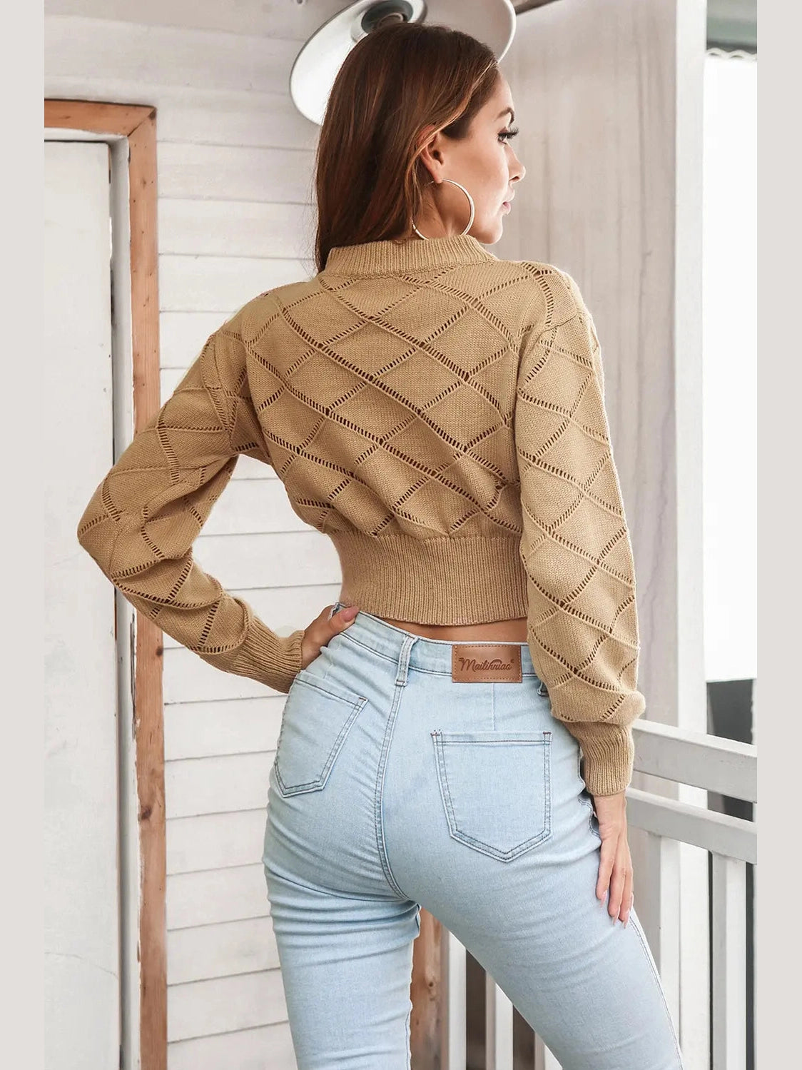 Openwork Plaid Round Neck Cropped Sweater Trendsi
