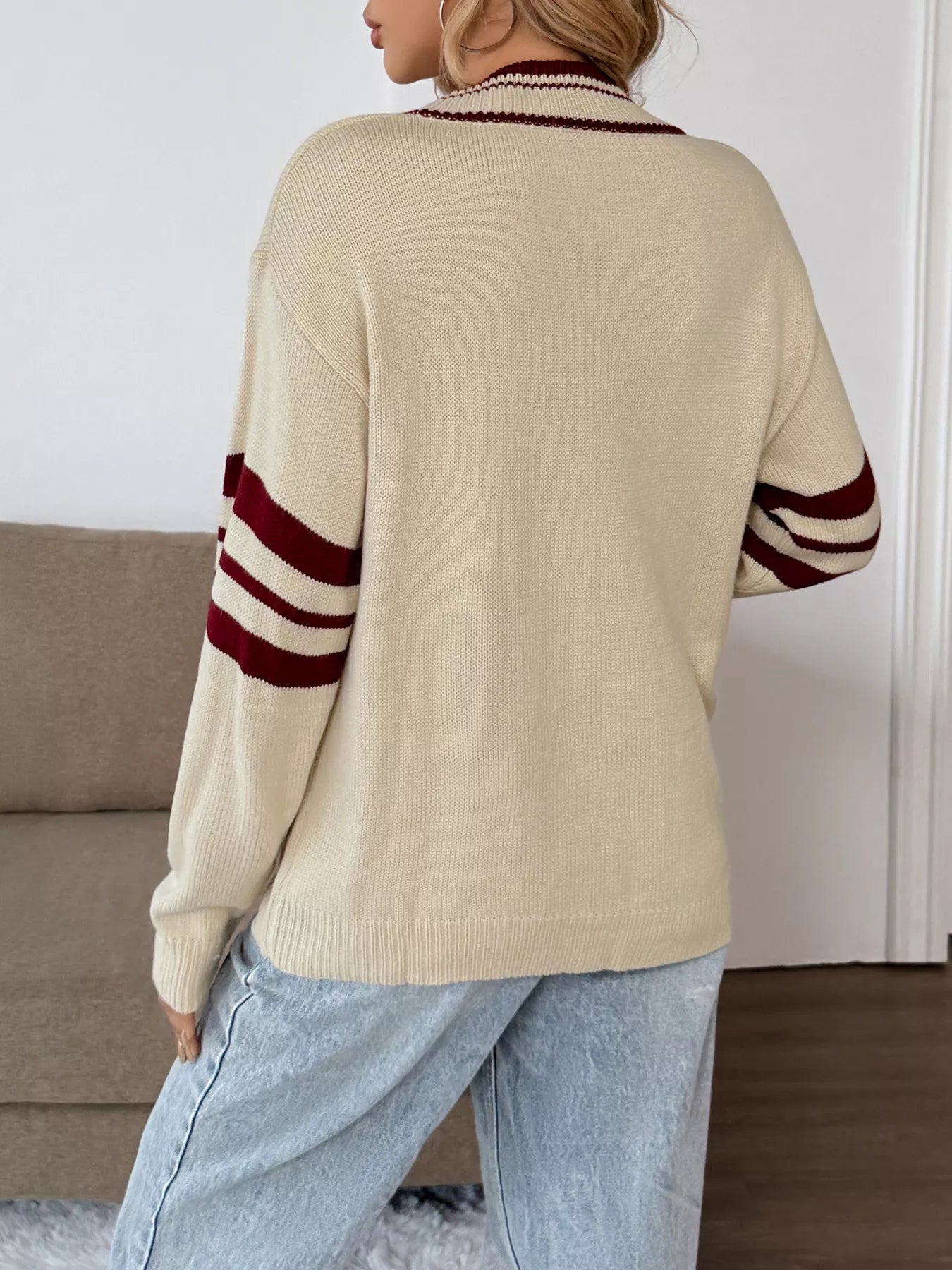 Contrast Trim V-Neck Long Sleeve Sweater Trendsi