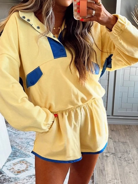 Color Block Patchwork Half Button Top and Shorts 2pcs Set Trendsi