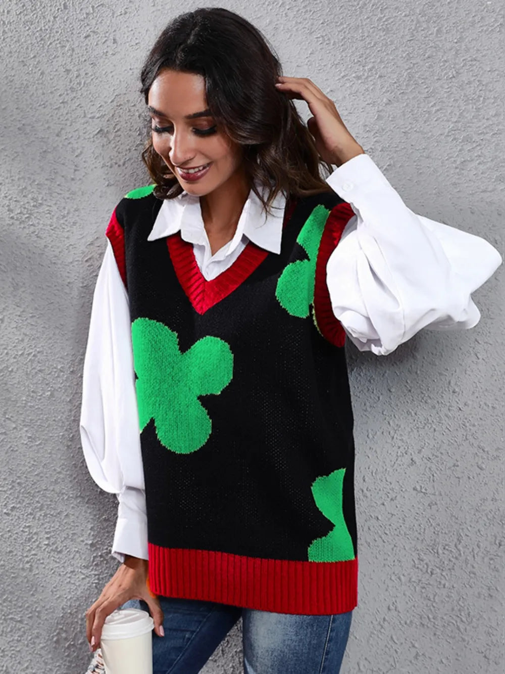 Four Leaf Clover V-Neck Sweater Vest Trendsi