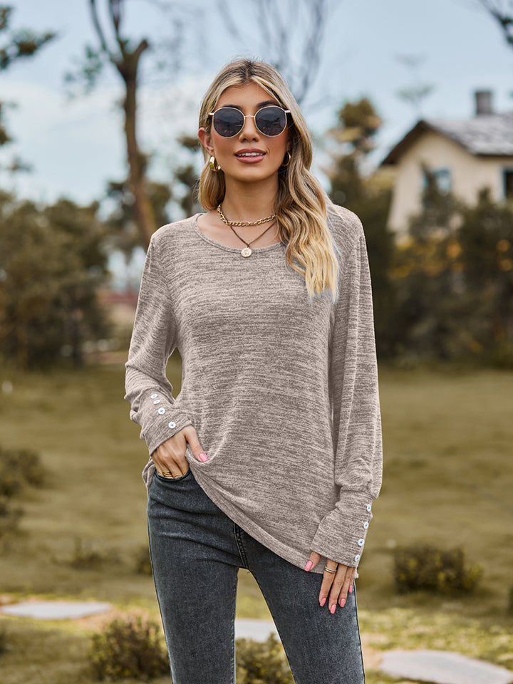 Round Neck Long Sleeve Buttoned T-Shirt NicholesGifts