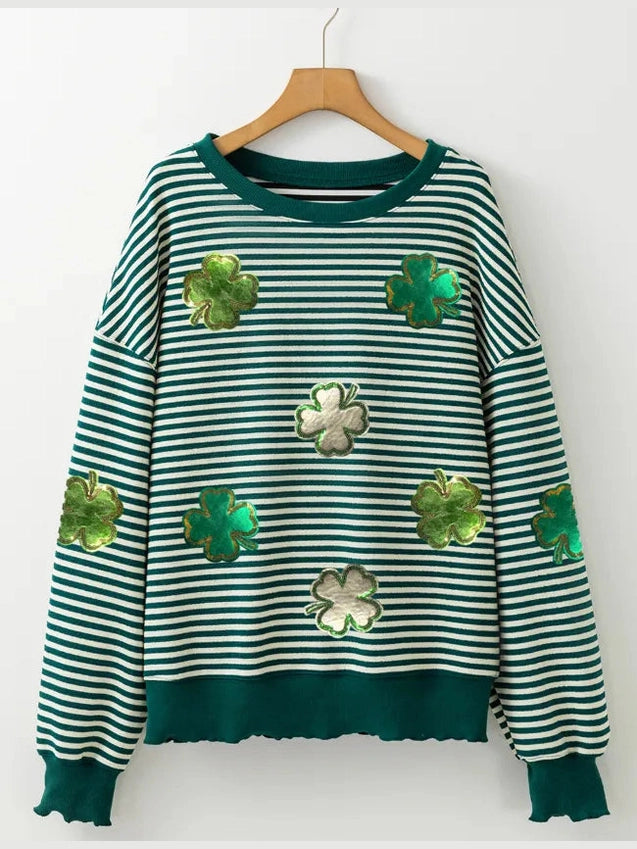 Stripe Lucky Clover Drop Shoulder Sweatshirt nicholesgifts