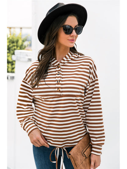 NicholesGifts Women Striped Half-Button Dropped Shoulder Hoodie nicholesgifts