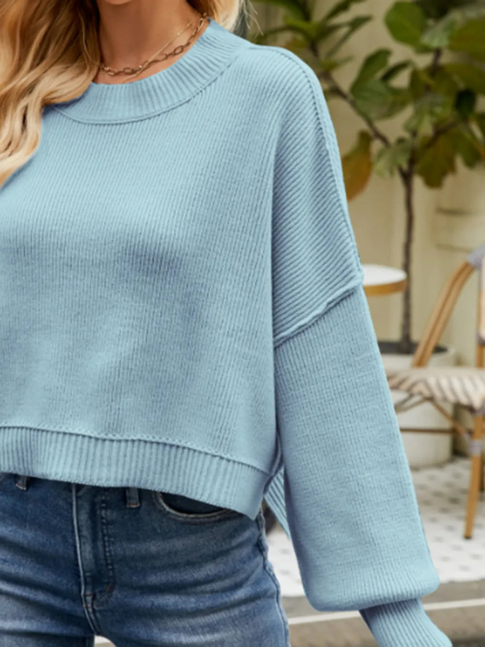 Round Neck Lantern Sleeve Sweater Trendsi