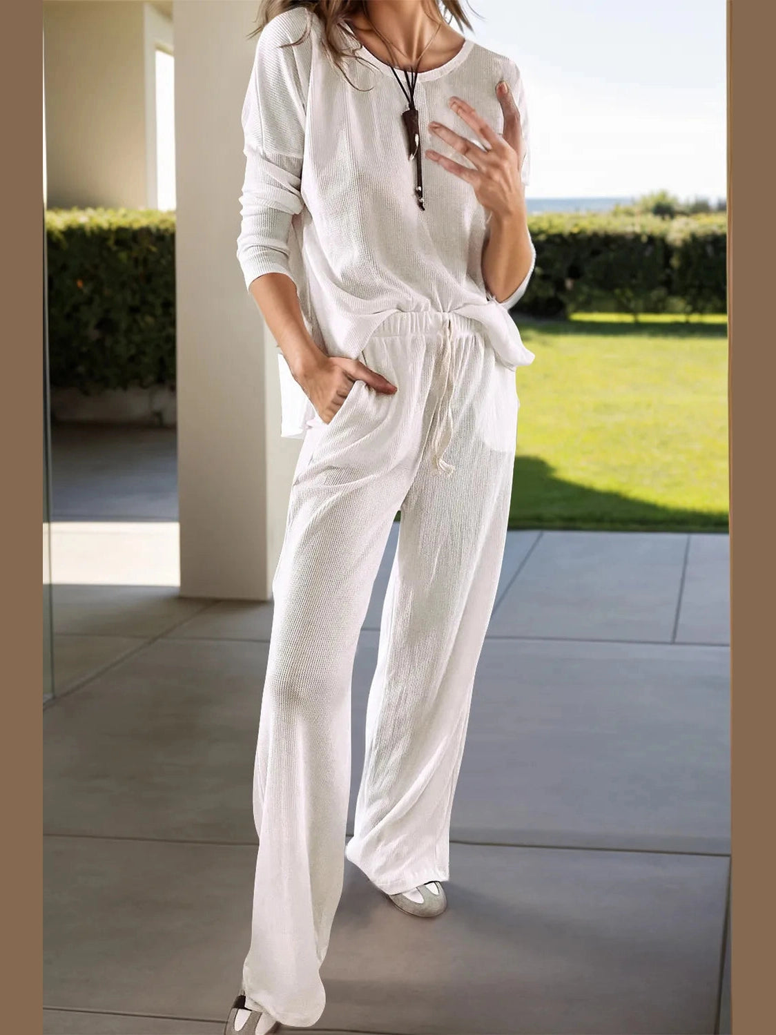 Round Neck Long Sleeve Top and Drawstring Pants Lounge Set nicholesgifts