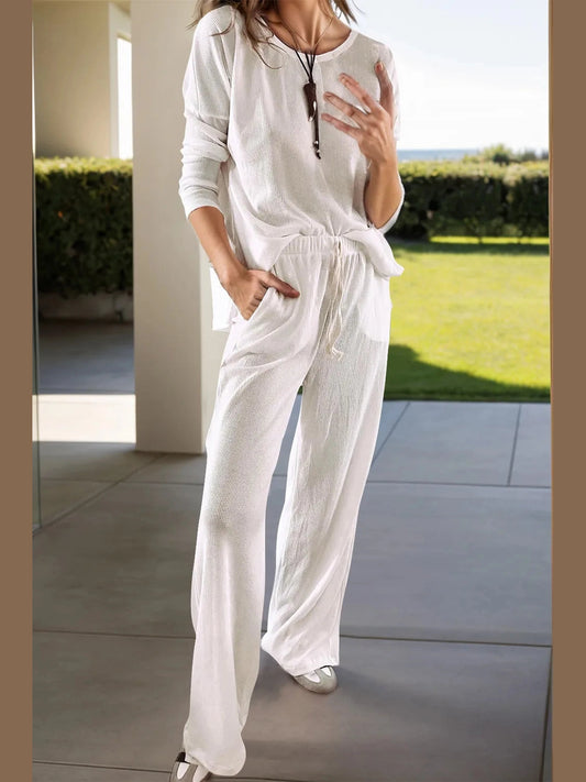 Round Neck Long Sleeve Top and Drawstring Pants Lounge Set nicholesgifts