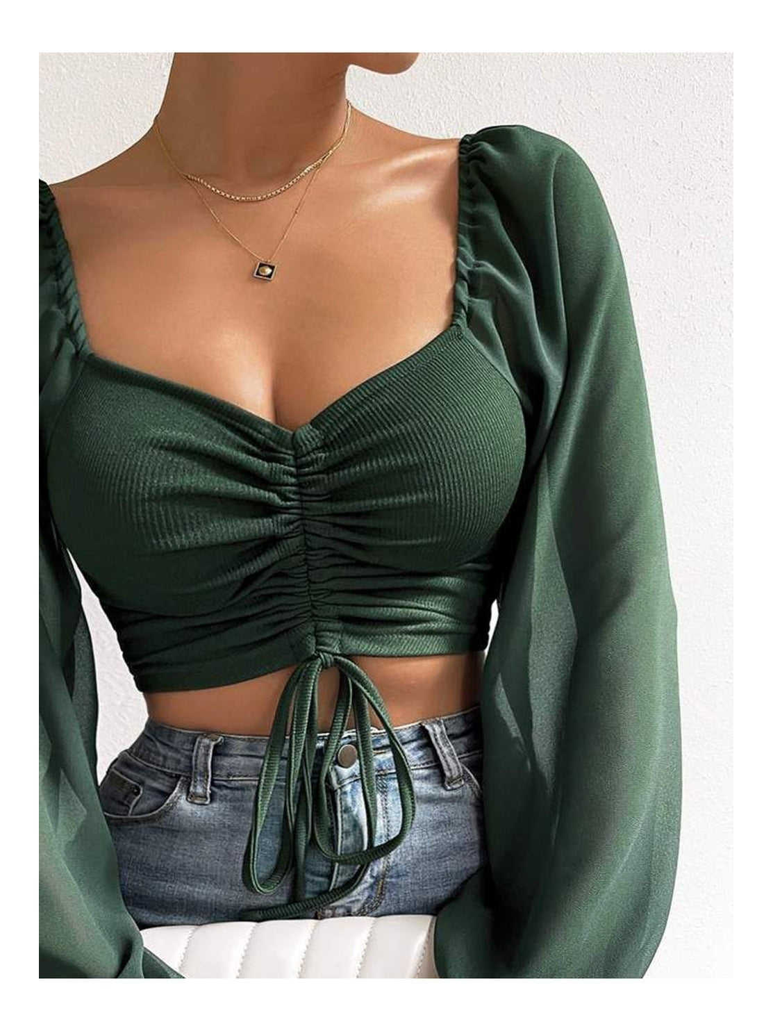 Women Drawstring Sweetheart Neck Cropped Top nicholesgifts