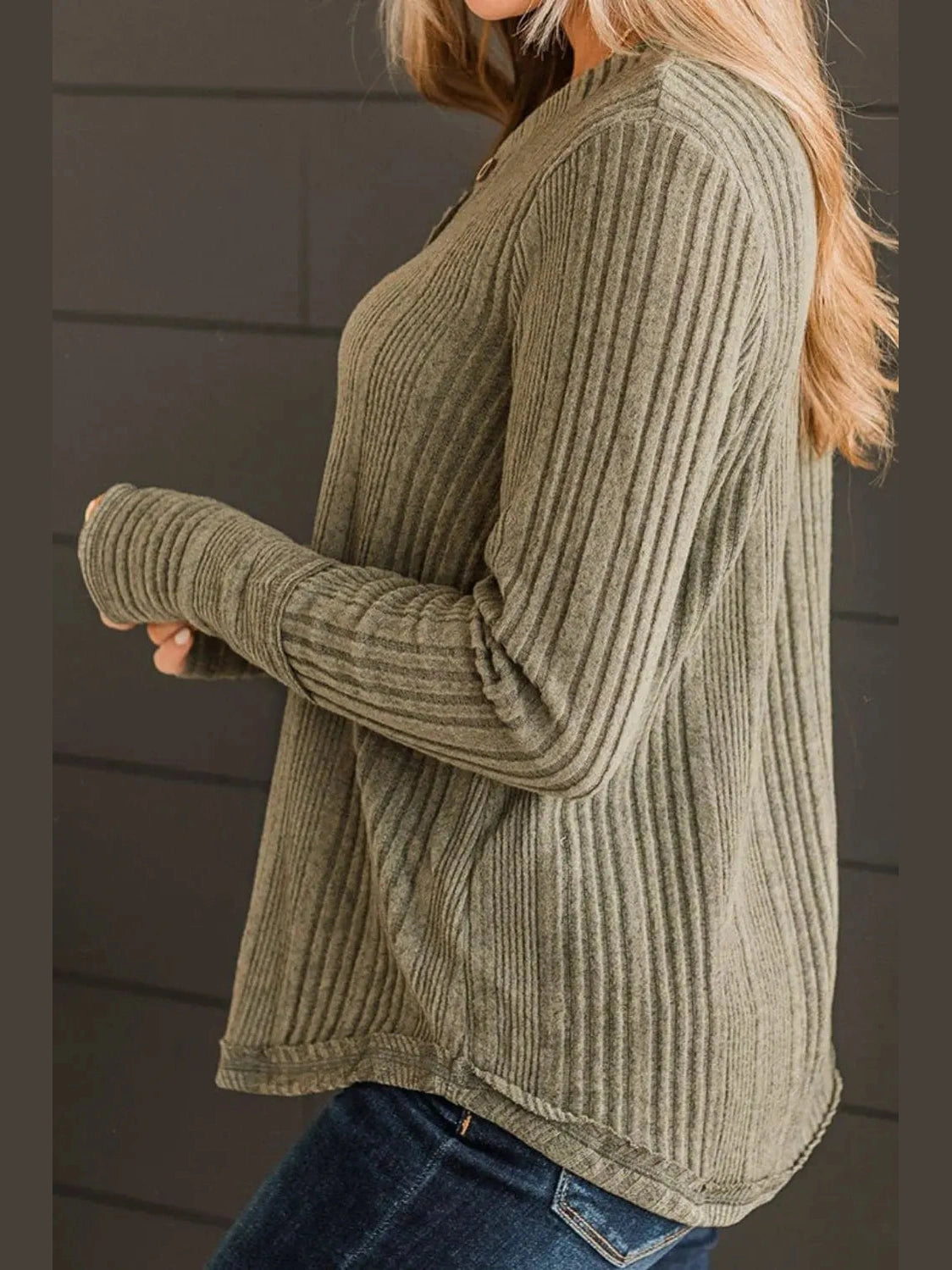 Ribbed Buttoned Long Sleeve Blouse NicholesGifts