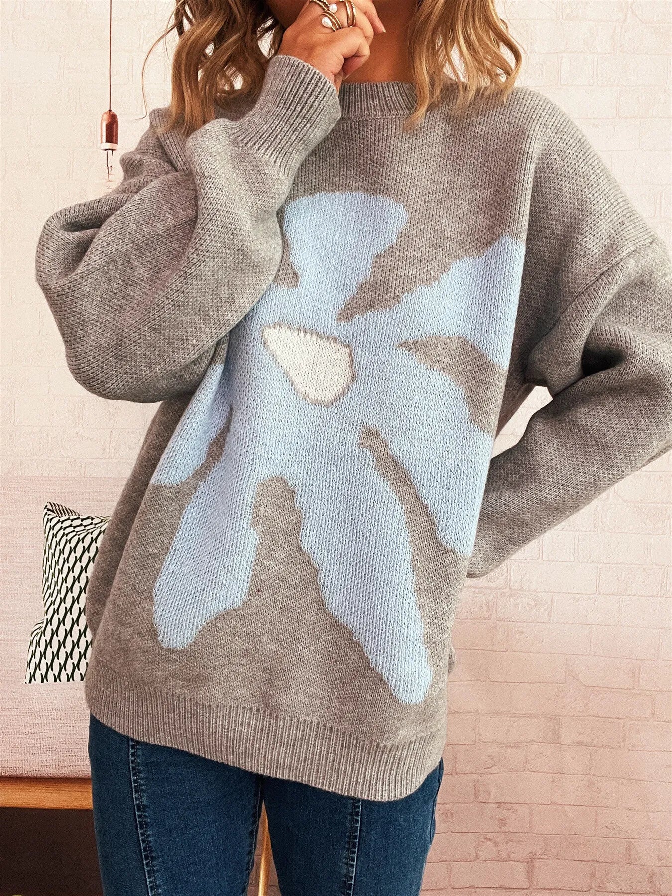 Flower Dropped Shoulder Sweater