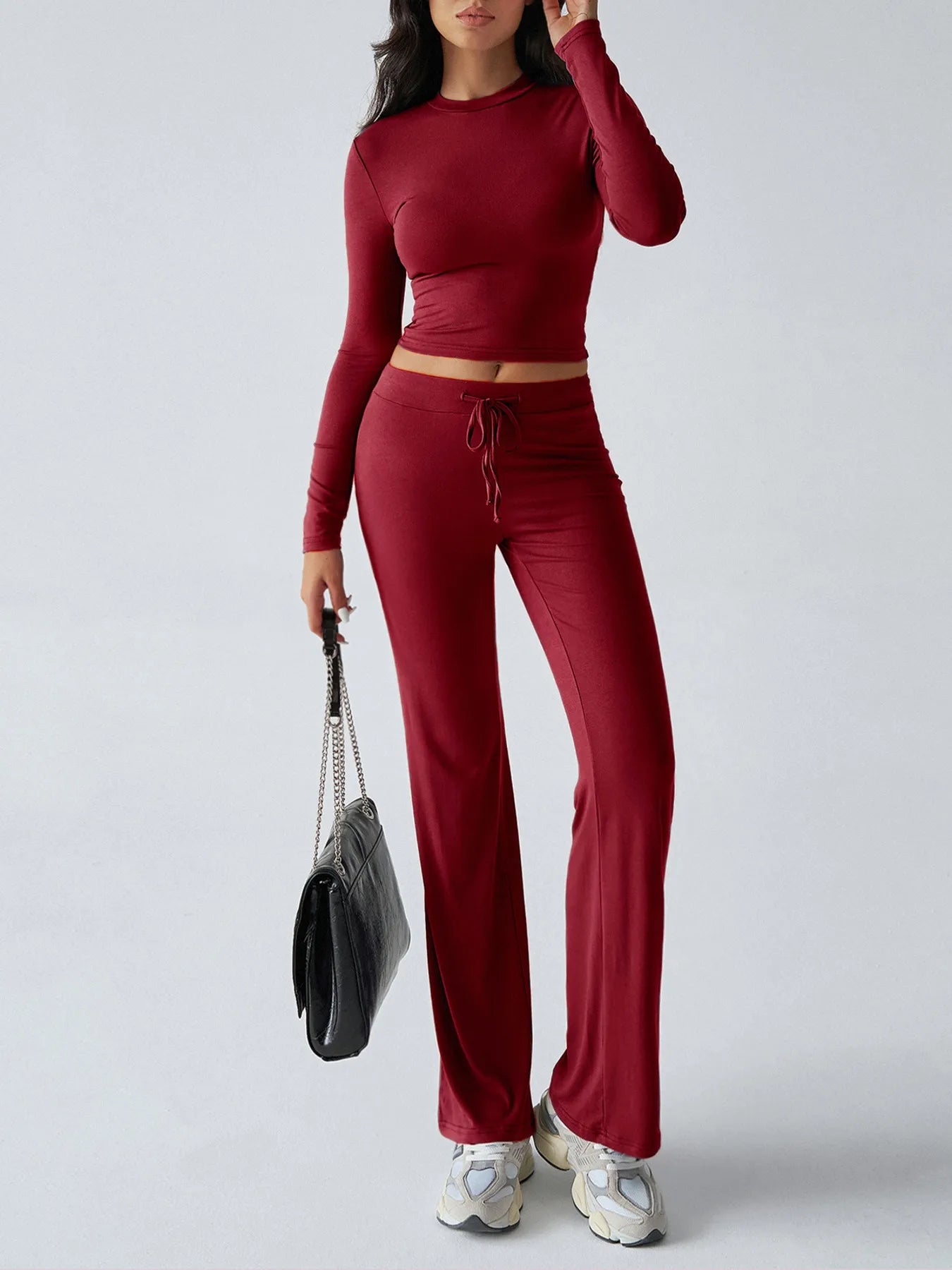 Round Neck Long Sleeve Top and Pants Set nicholesgifts