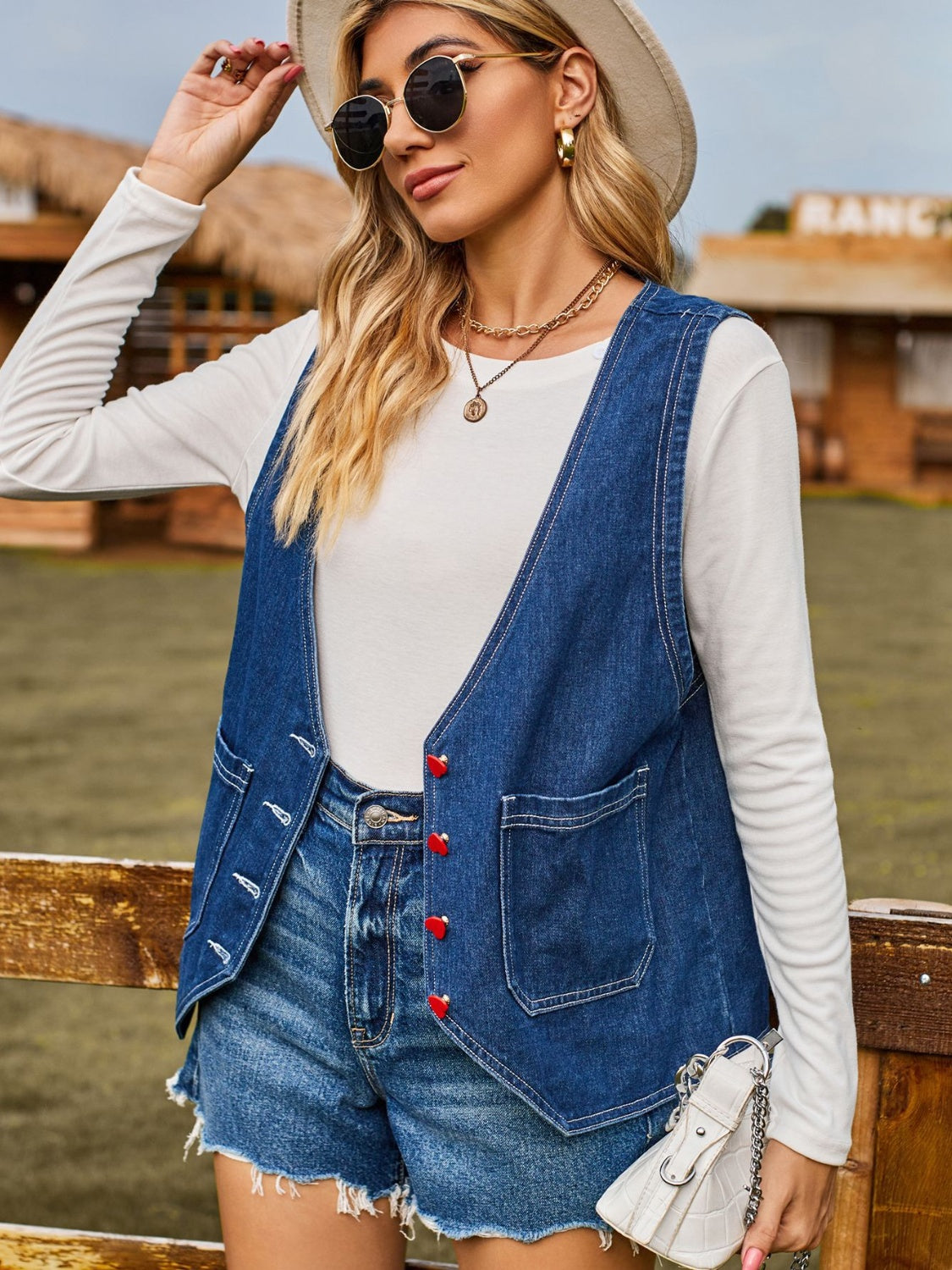 Pocketed Button Up Sleeveless Denim Jacket NicholesGifts