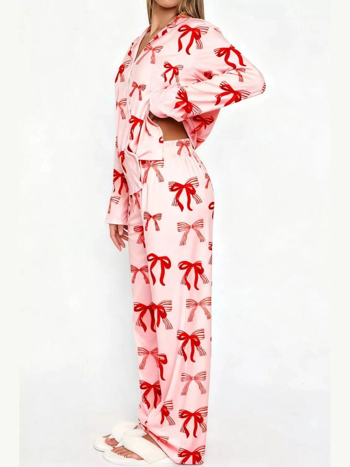 Bow Print Top and Wide Leg Pants Lounge Set nicholesgifts