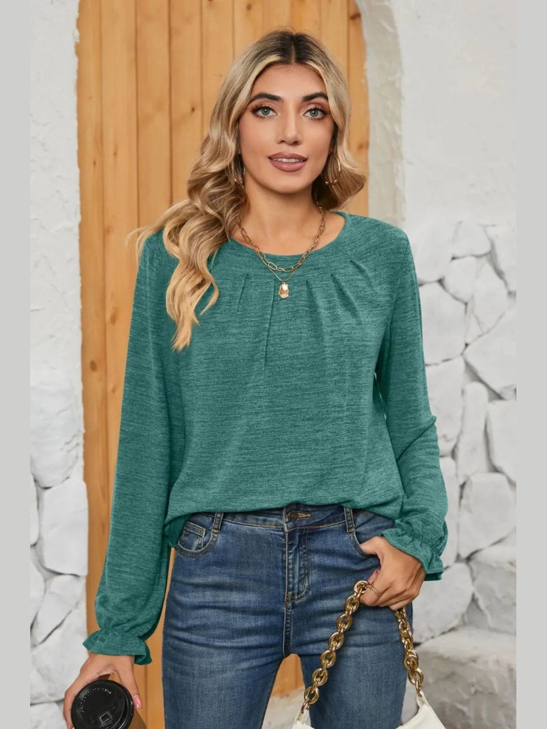 Ruched Round Neck Flounce Sleeve T-Shirt NicholesGifts
