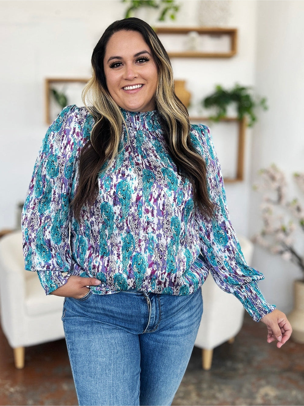 Women Double Take Full Size Printed Smocked Long Sleeve Blouse nicholesgifts