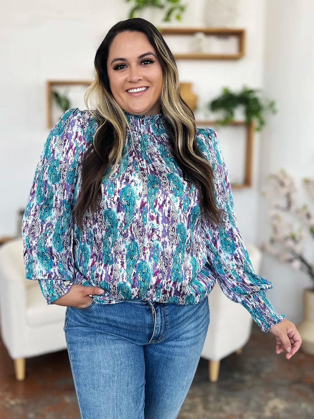 Double Take Full Size Printed Smocked Long Sleeve Blouse nicholesgifts