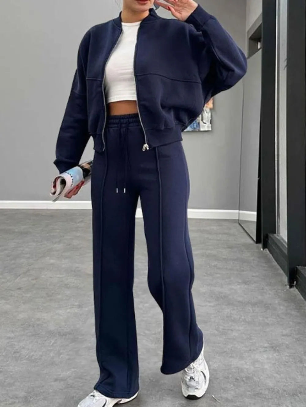 Baseball Collar Zip Up Outerwear and Drawstring Pants Set nicholesgifts