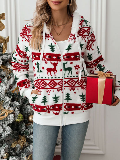Women Drawstring Christmas Element Zip Up Hooded Jacket nicholesgifts