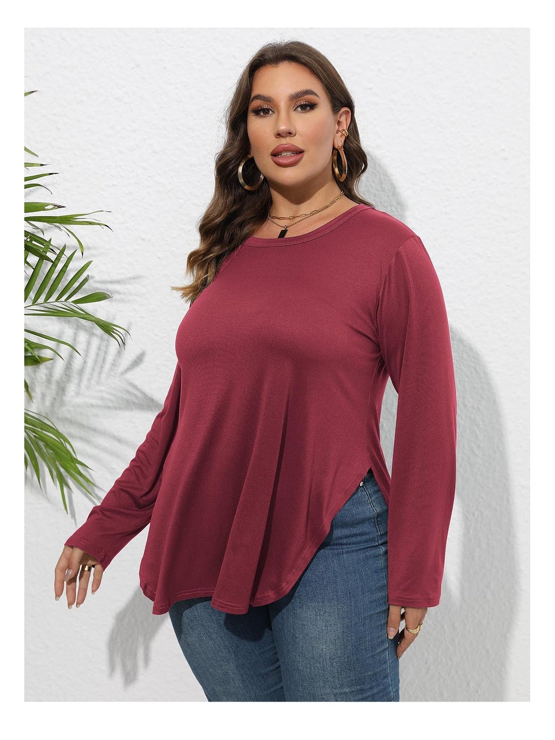 Women Plus Size Round Neck Long Sleeve Slit T-Shirt nicholesgifts