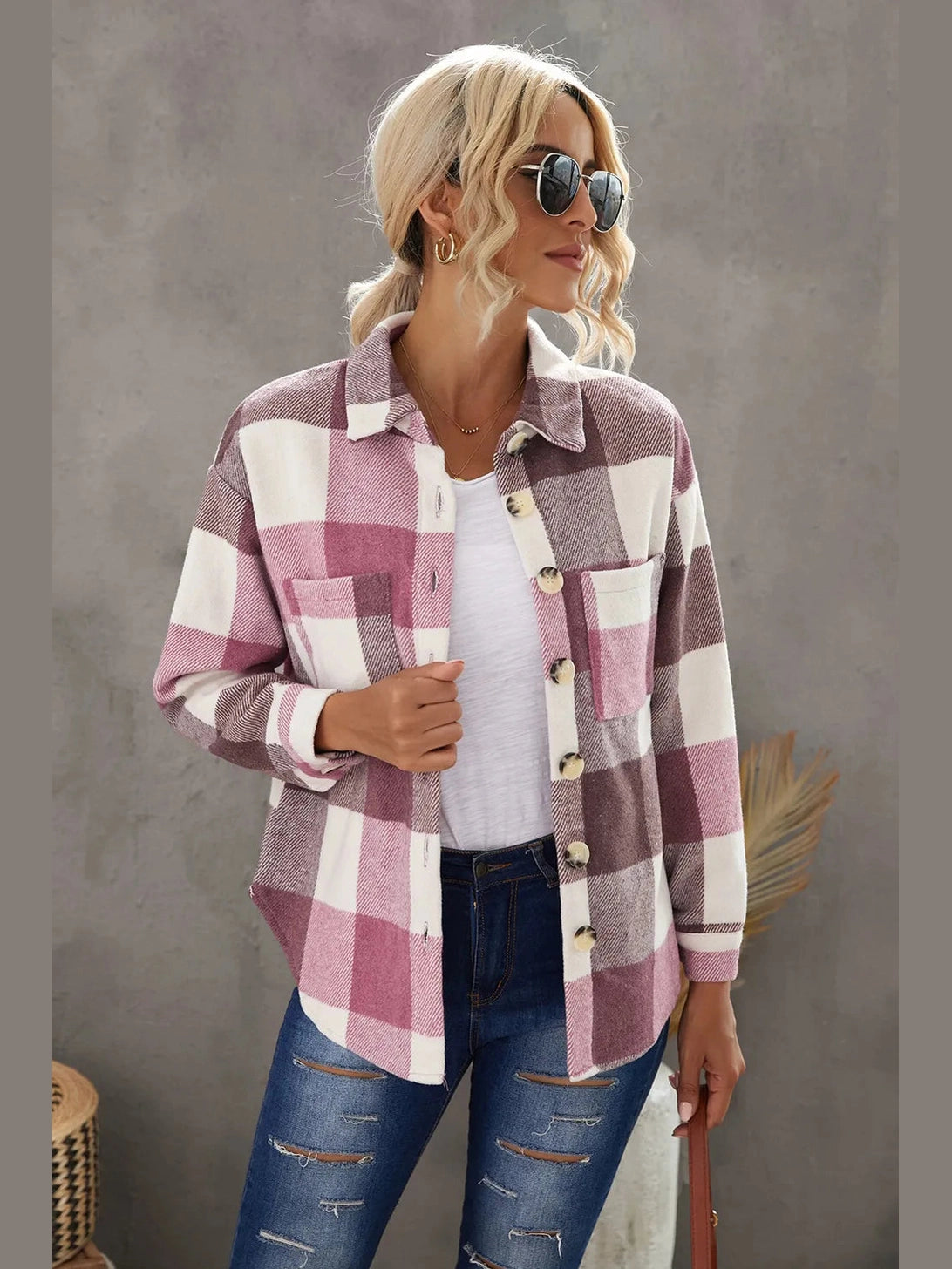 Plaid Button Up Dropped Shoulder Jacket nicholesgifts