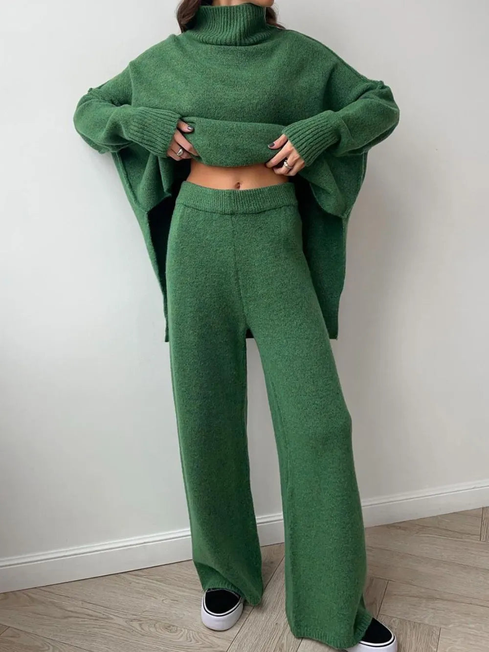 Slit Turtleneck Long Sleeve Top and Pants Sweater Set nicholesgifts