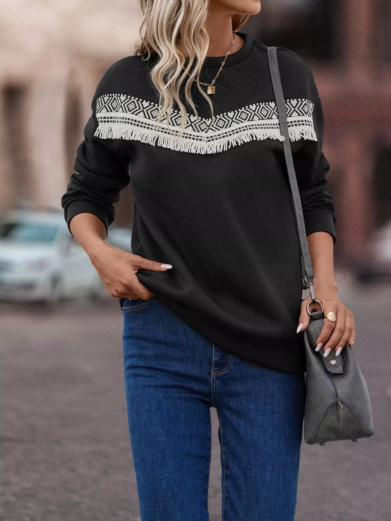 Fringe Trim Crew Neck Sweatshirt nicholesgifts