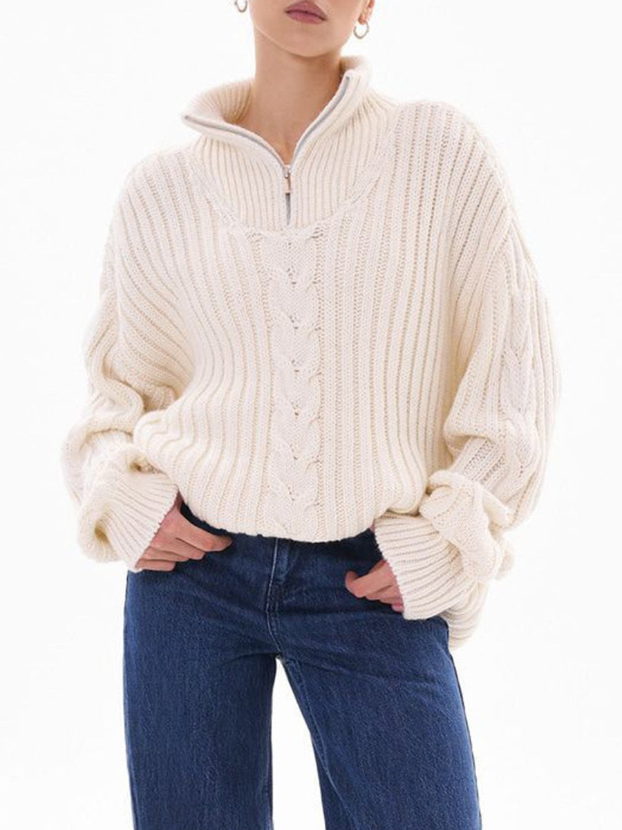 Ribbed Half Zip Long Sleeve Sweater Trendsi