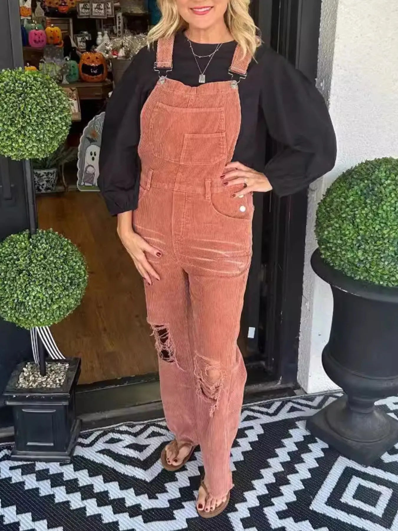Distressed Wide Leg Corduroy Overalls nicholesgifts