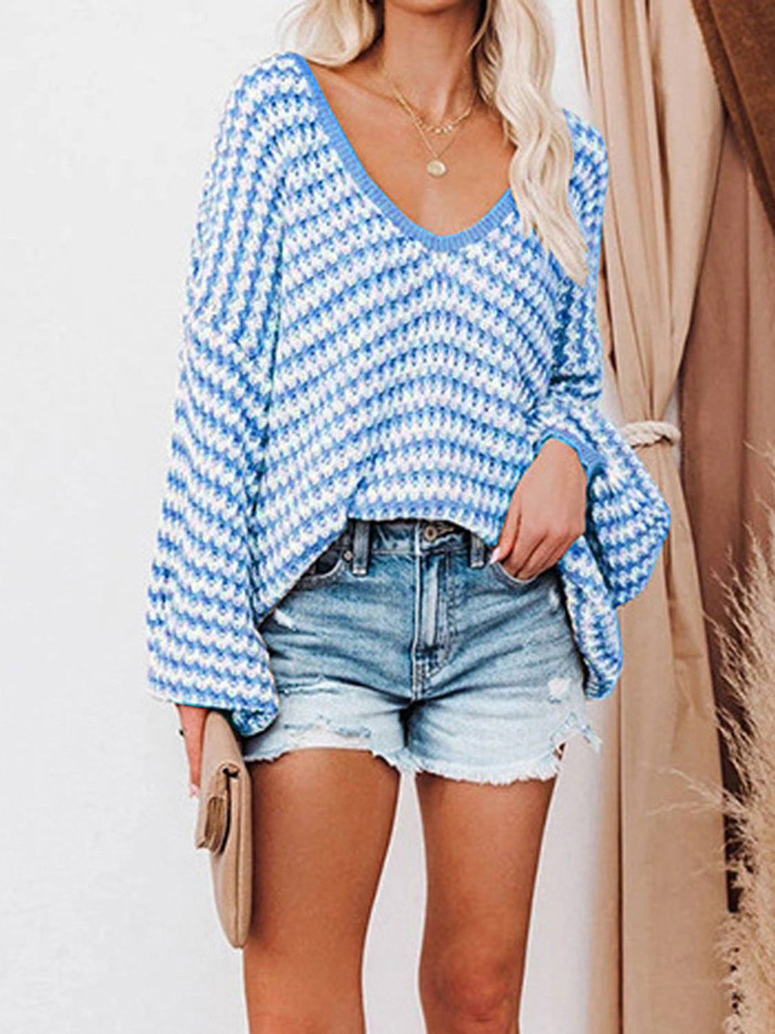 Striped Drop Shoulder V-Neck Sweater Trendsi