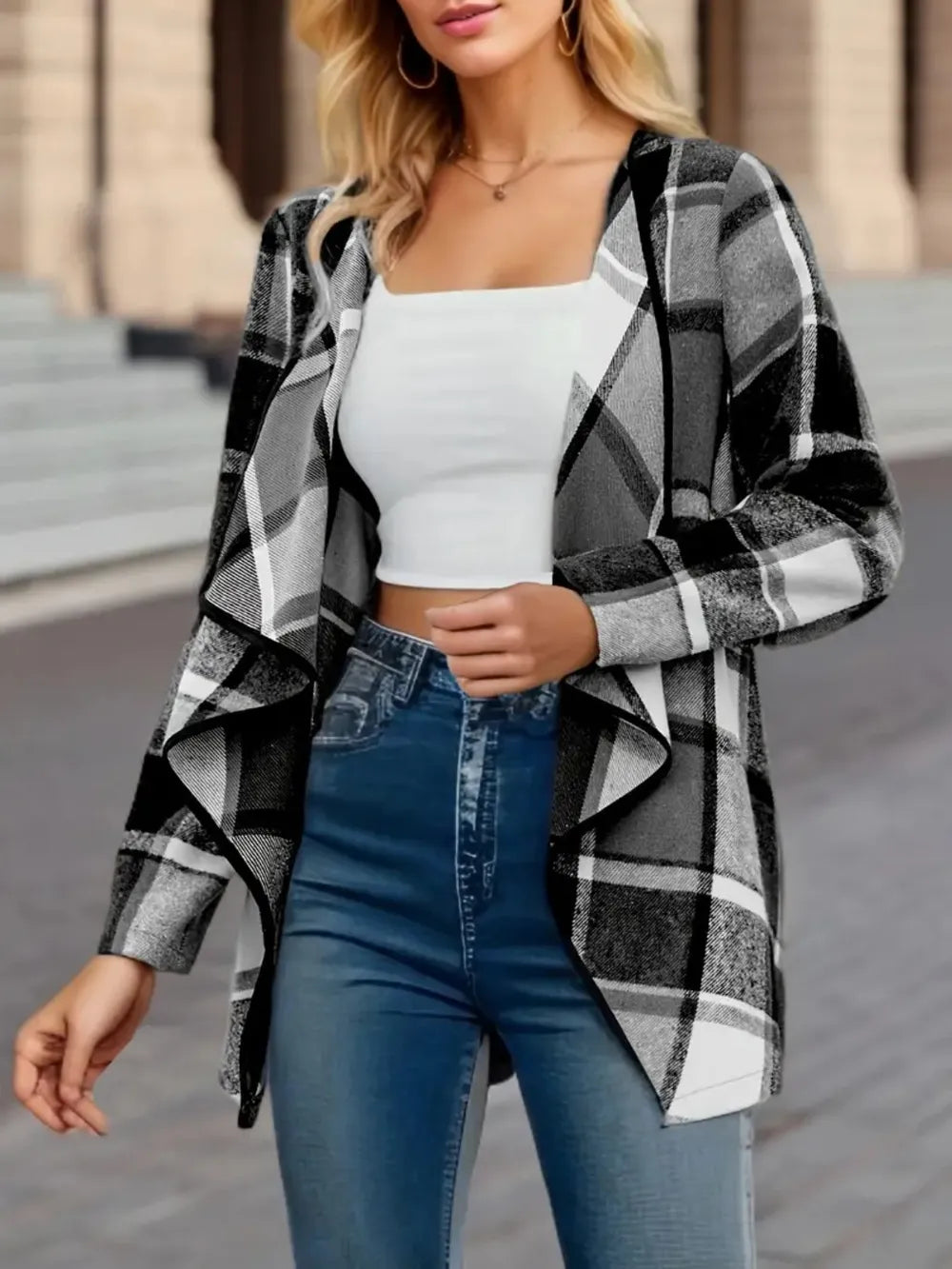 Plaid Open Front Long Sleeve Jacket nicholesgifts