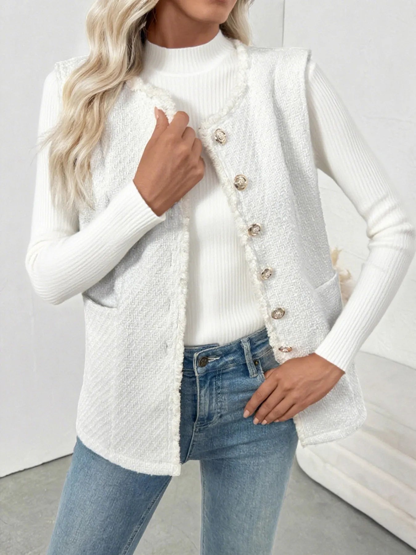 Textured Button-Front Vest with Raw Edge nicholesgifts