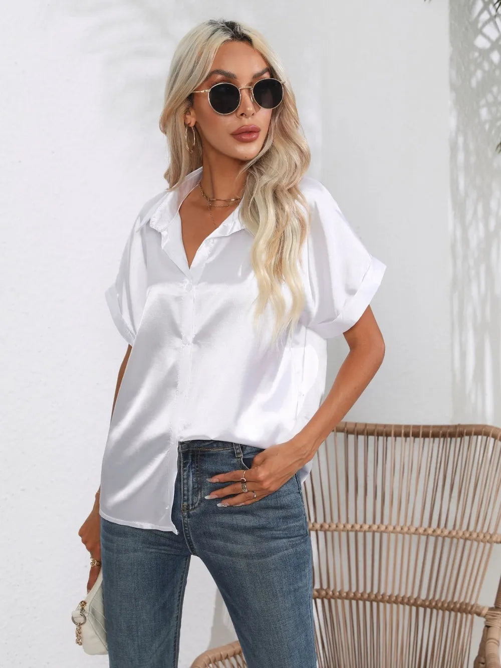 Button Down Collared Neck Short Sleeve Satin Shirt